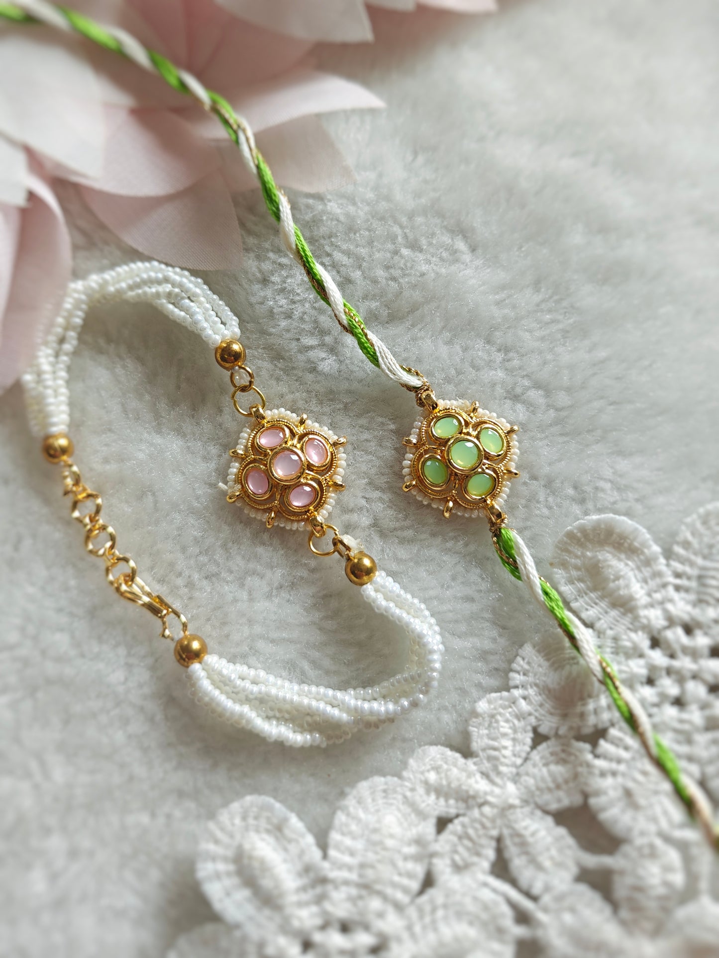 Kundan Pearl Couple Rakhi & Bracelet Set