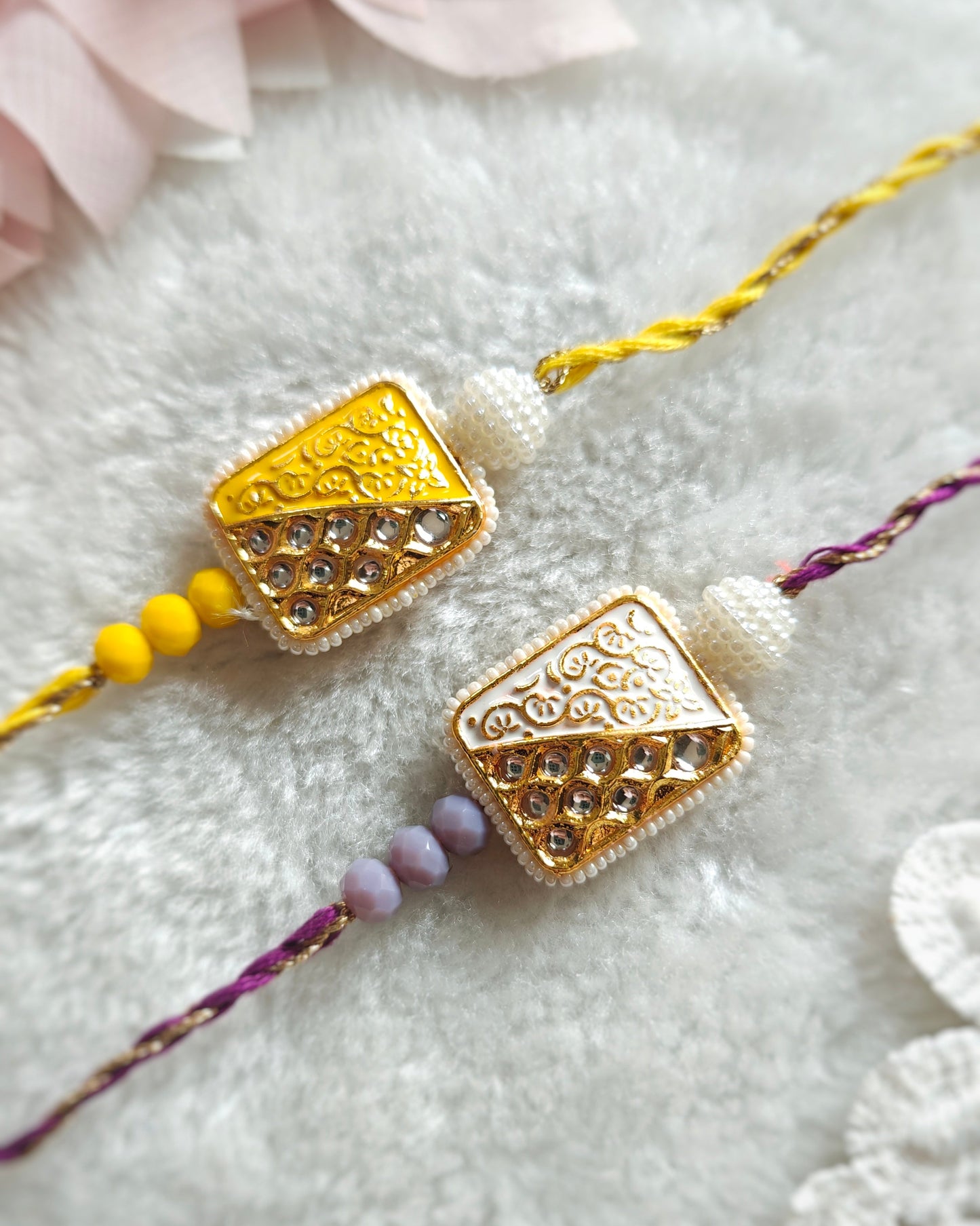 diamond kundan rakhi for brother with pearl detailing yellow and ivory handmade rakhi 2026
