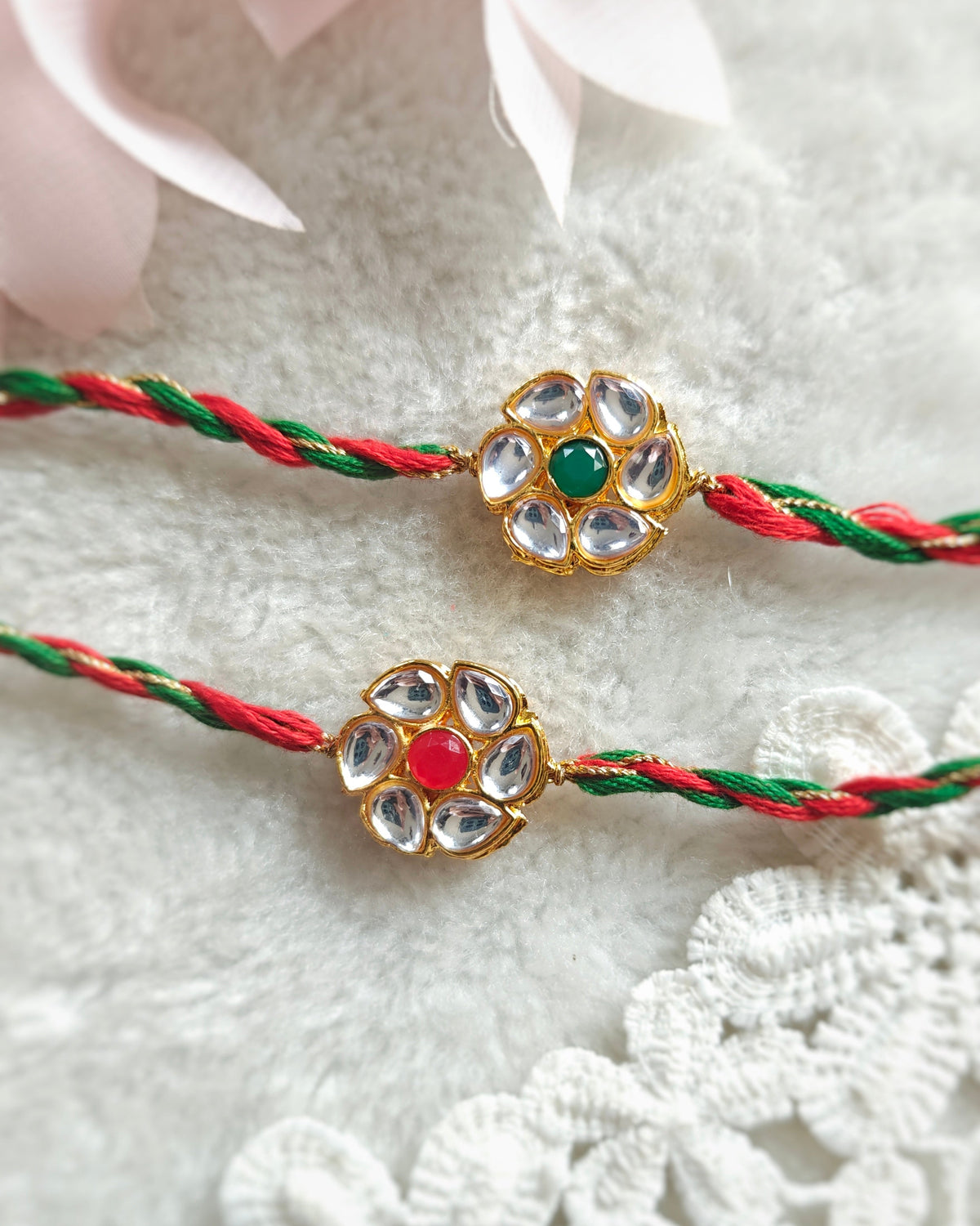 kundan floral rakhi set of 2 with red and green thread traditional designer rakhi combo for brothers
