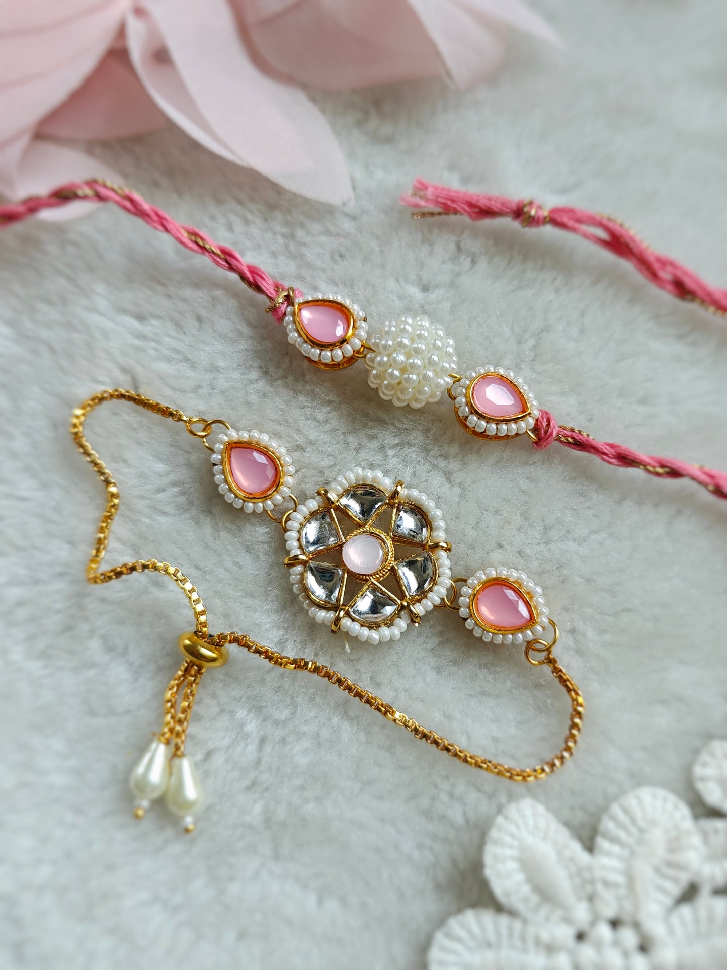 Floral Kundan Pearl Couple Rakhi & Bracelet Set