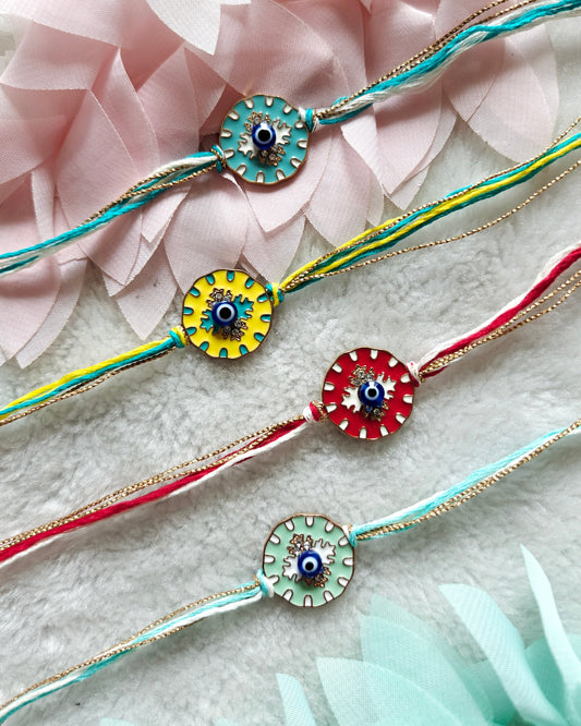 evil eye rakhi for brother colorful minimal nazar rakhi with gold thread detail