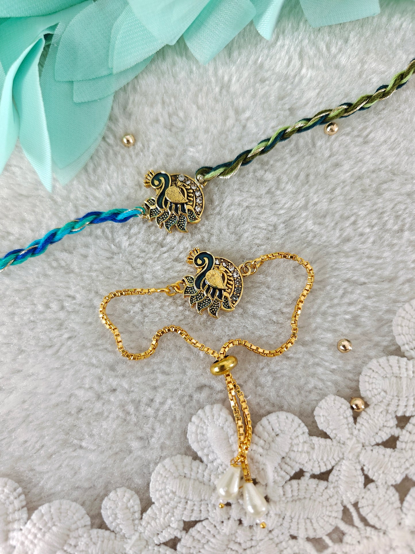 Royal Peacock Rakhi Bracelet Couple Set