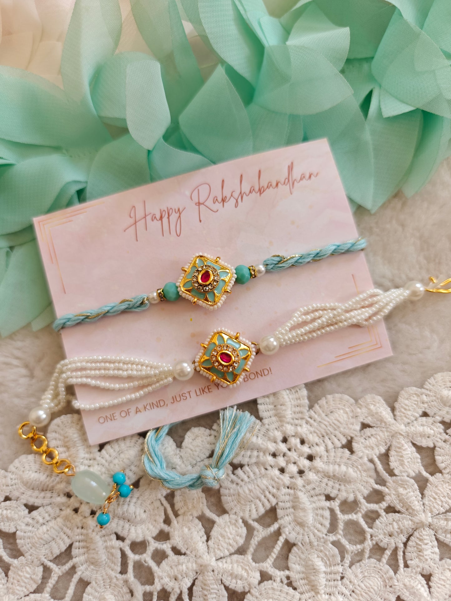 Floral Square Kundan Rakhi and Bracelet Set