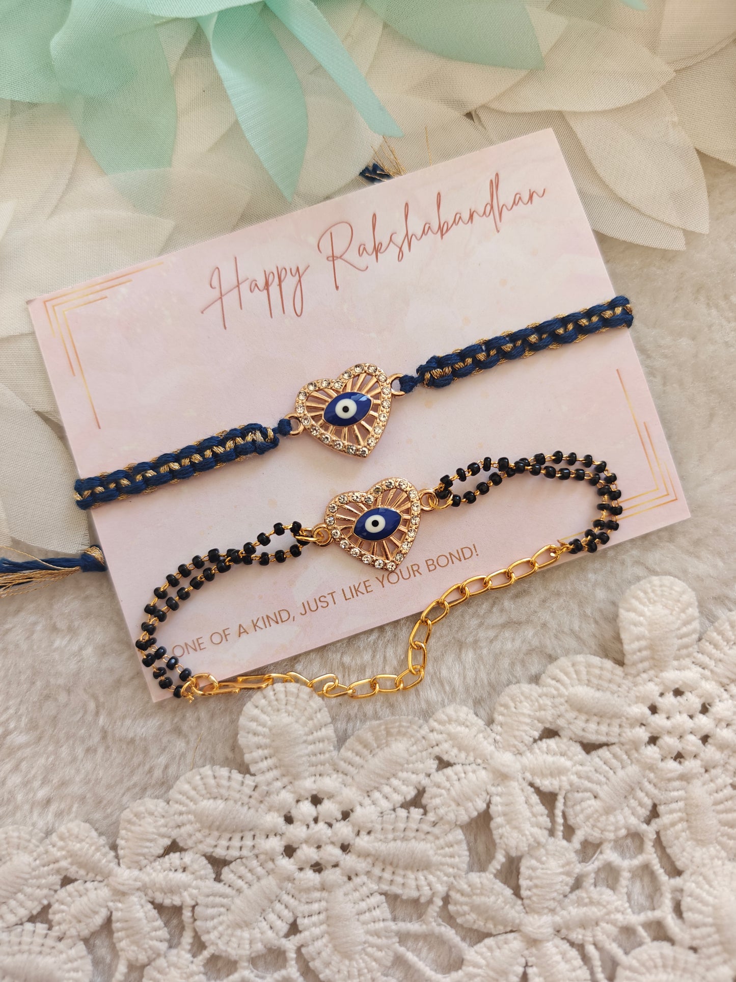 Heart Evil Eye Eye Rakhi Mangalsutra Bracelet Set