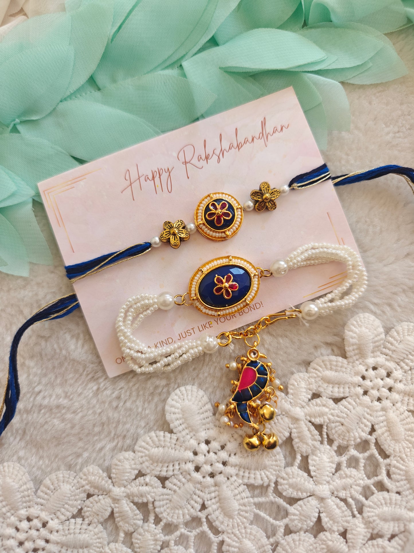 Royal Floral and Parrot Kundan Rakhi Bracelet Set