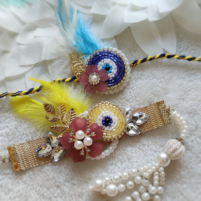 Evil Eye Floral Bhaiya Bhabhi Rakhi Set