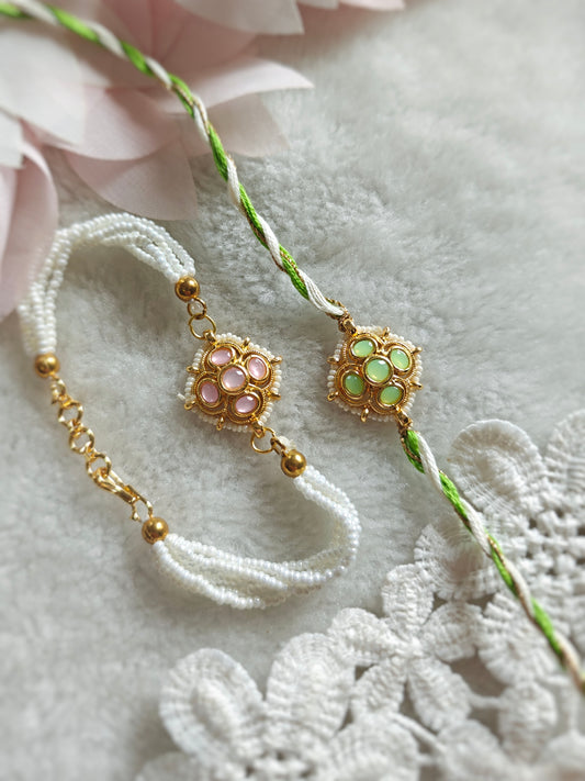 Kundan Pearl Couple Rakhi & Bracelet Set