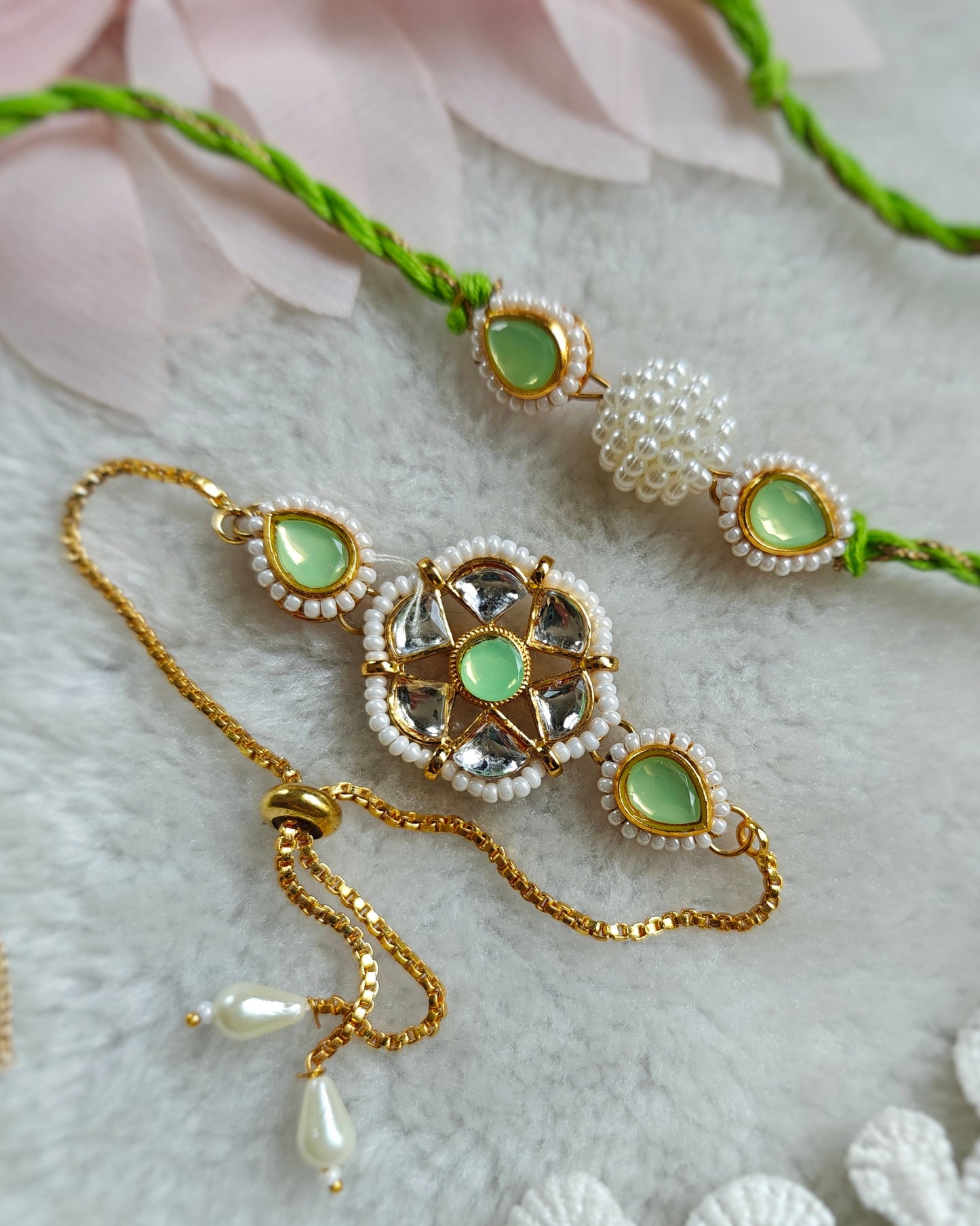 Floral Kundan Pearl Couple Rakhi & Bracelet Set