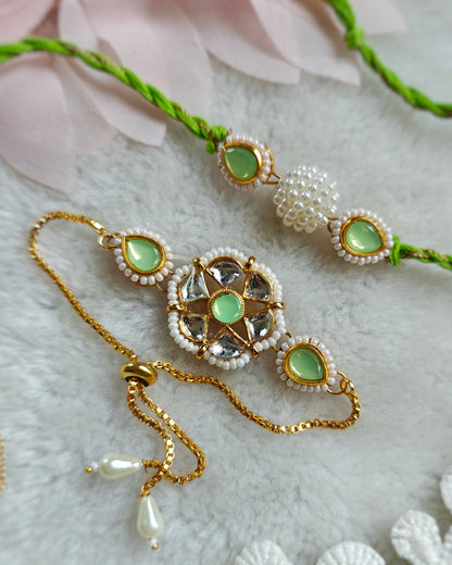 Floral Kundan Pearl Couple Rakhi & Bracelet Set