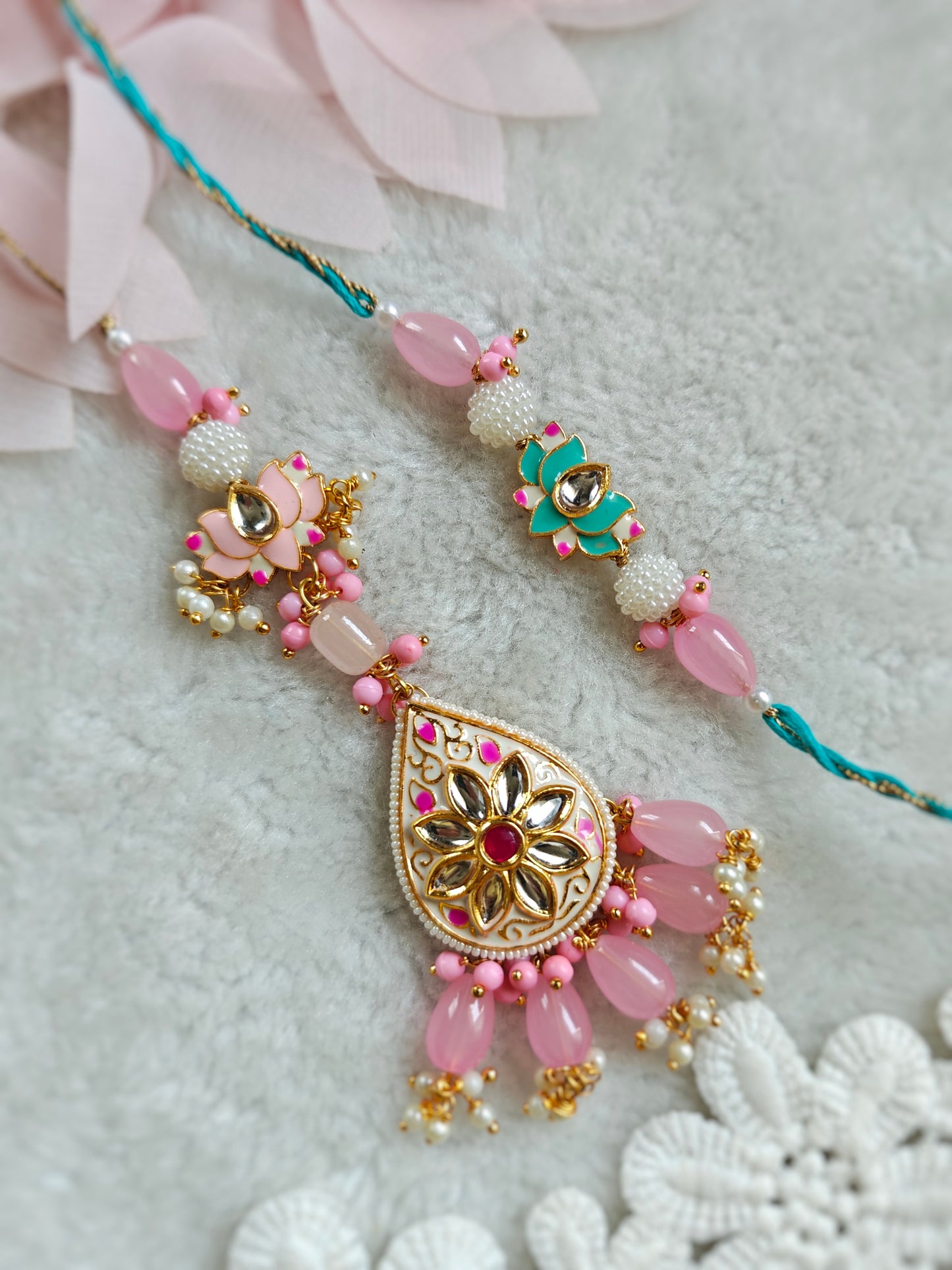 Regal Floral Drop Rakhi Lumba Set