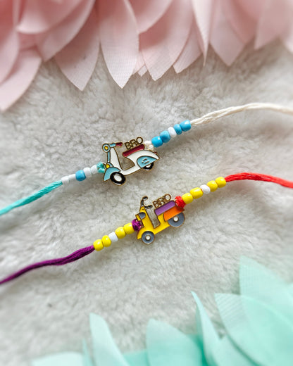 cute scooter rakhi for brother with bro text colorful beads fun rakhi design