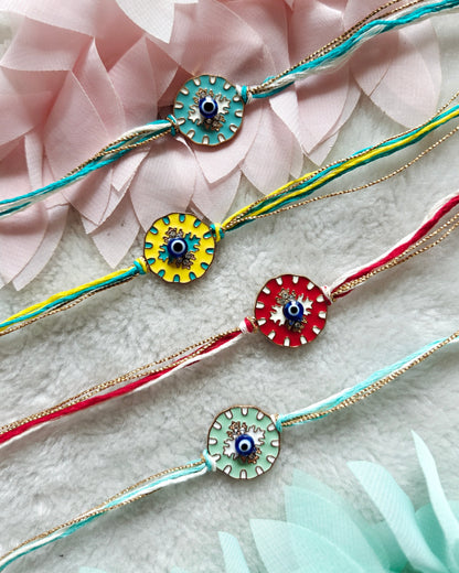 evil eye rakhi for brother colorful minimal nazar rakhi with gold thread detail