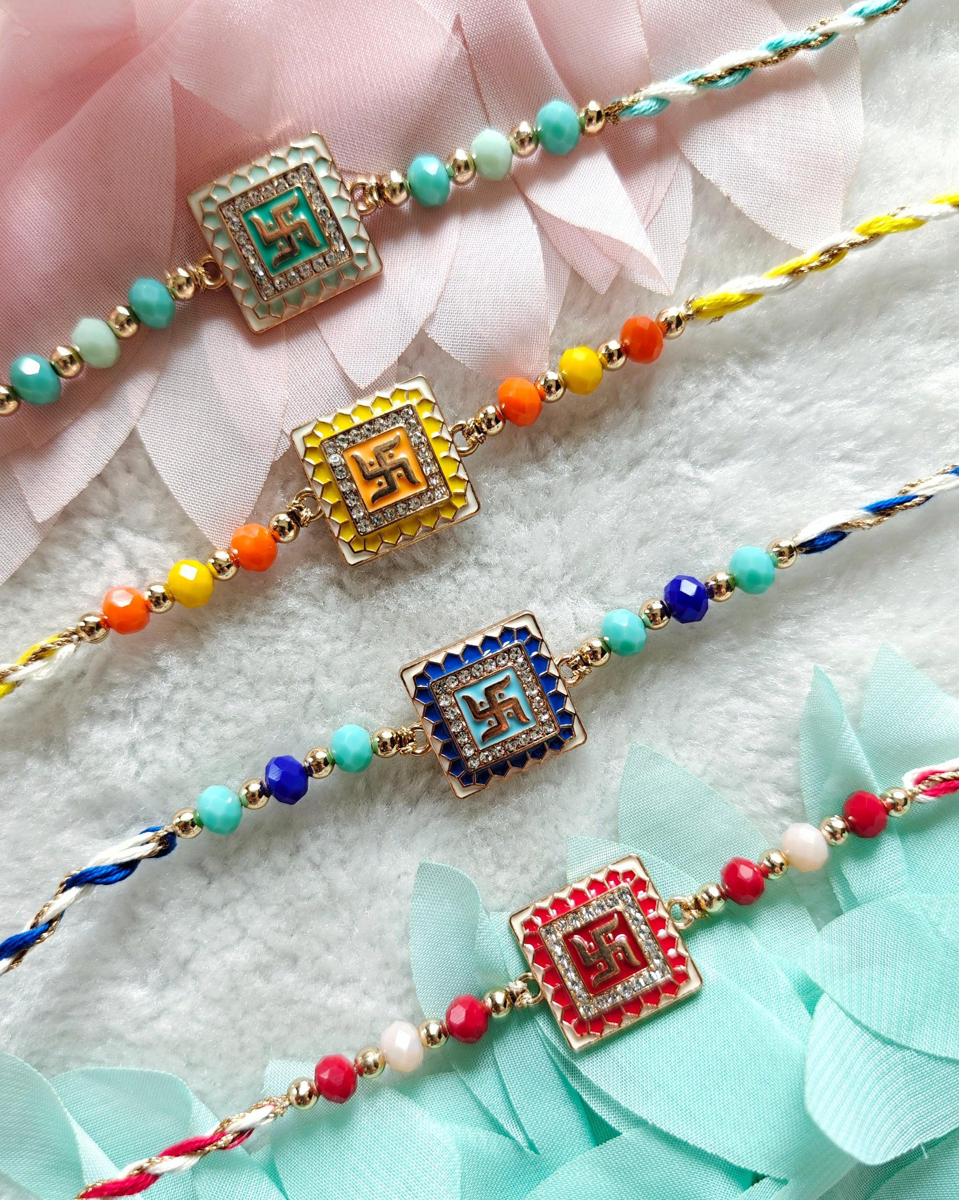 swastik kundan rakhi with colorful bead accents traditional designer rakhi for brother