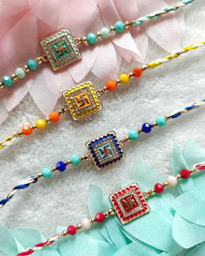 swastik kundan rakhi with colorful bead accents traditional designer rakhi for brother