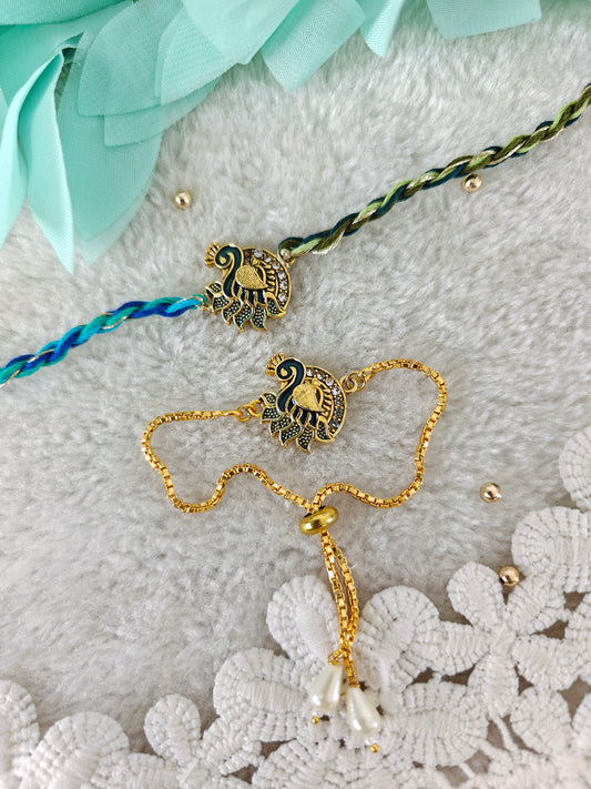 Royal Peacock Rakhi Bracelet Couple Set
