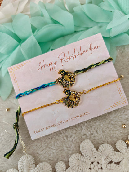 Royal Peacock Rakhi Bracelet Couple Set