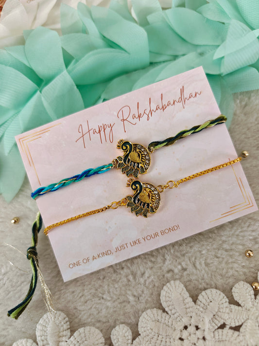 Royal Peacock Rakhi Bracelet Couple Set