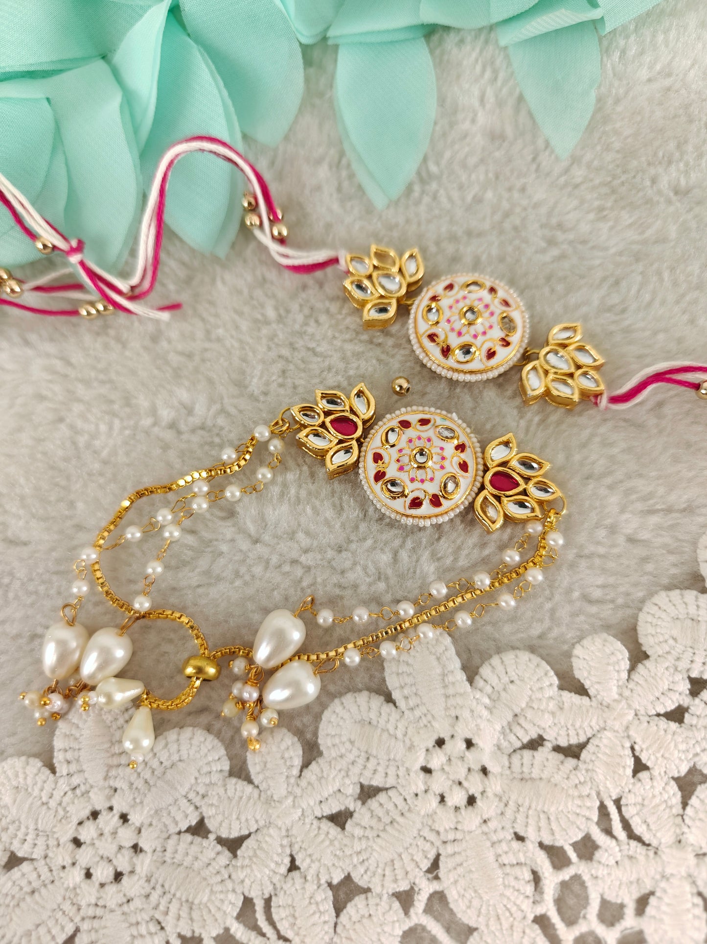 Kashmiri Kundan Couple Rakhi & Bracelet Set
