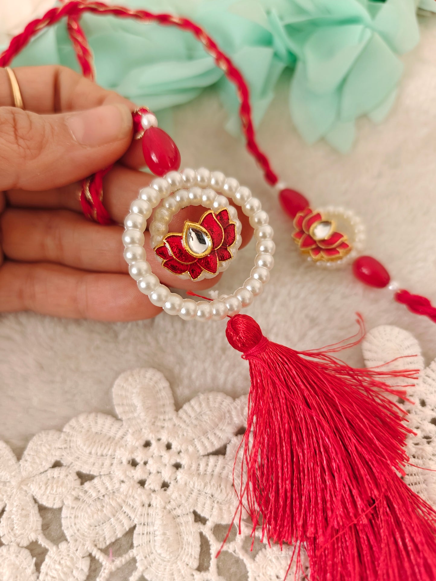 Pearl Halo Lotus Rakhi Lumba Set