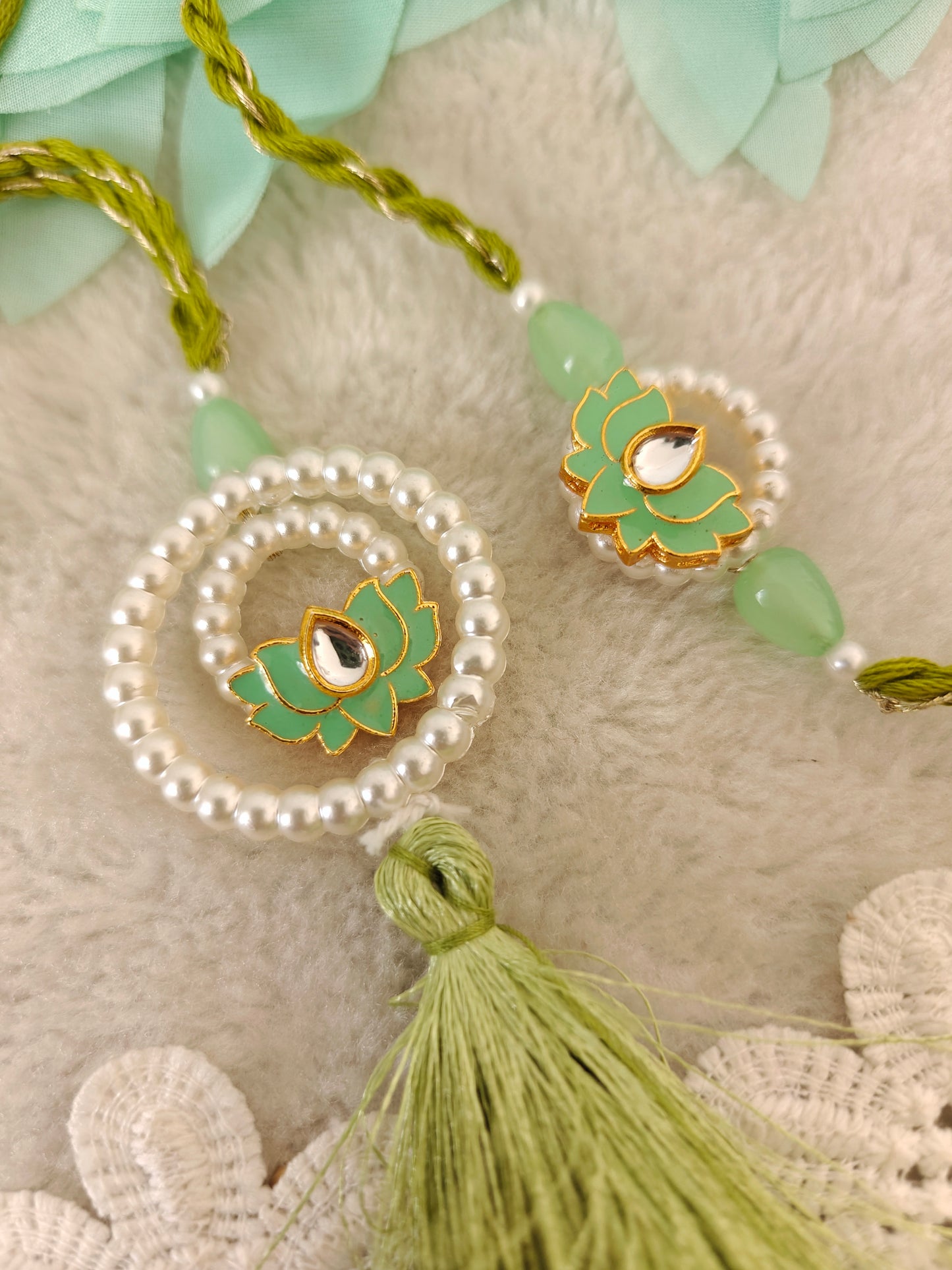 Pearl Halo Lotus Rakhi Lumba Set