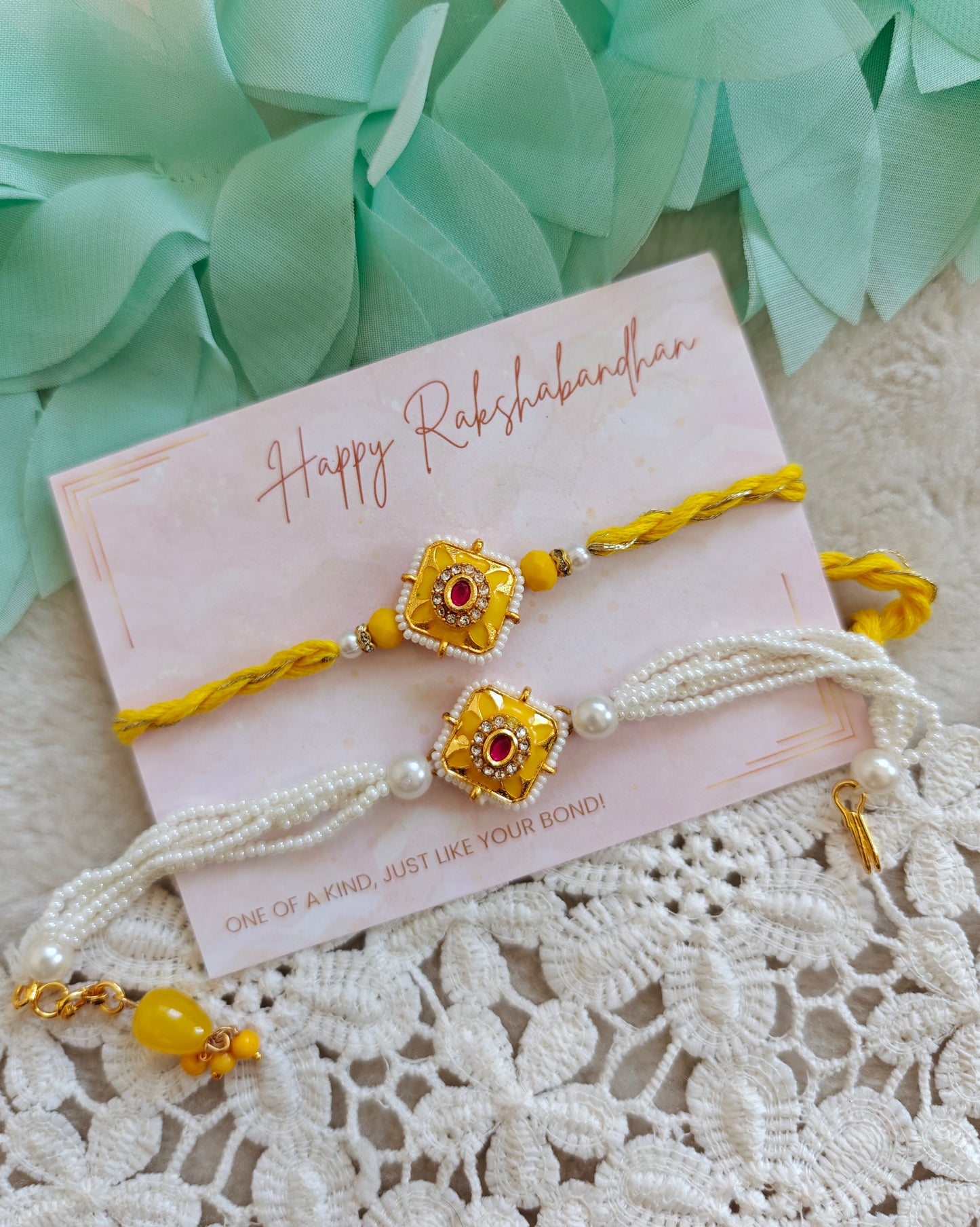 Floral Square Kundan Rakhi and Bracelet Set