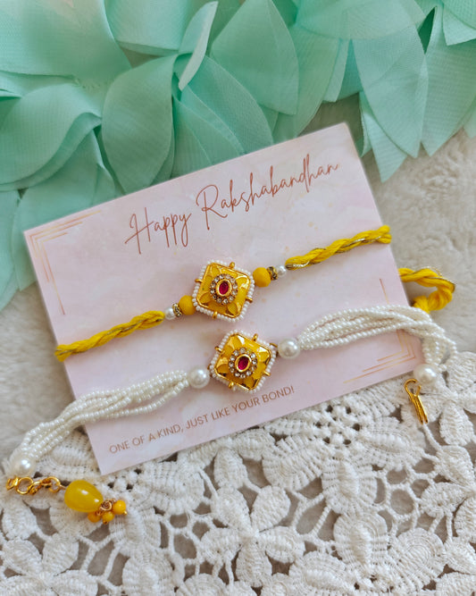 Floral Square Kundan Rakhi and Bracelet Set