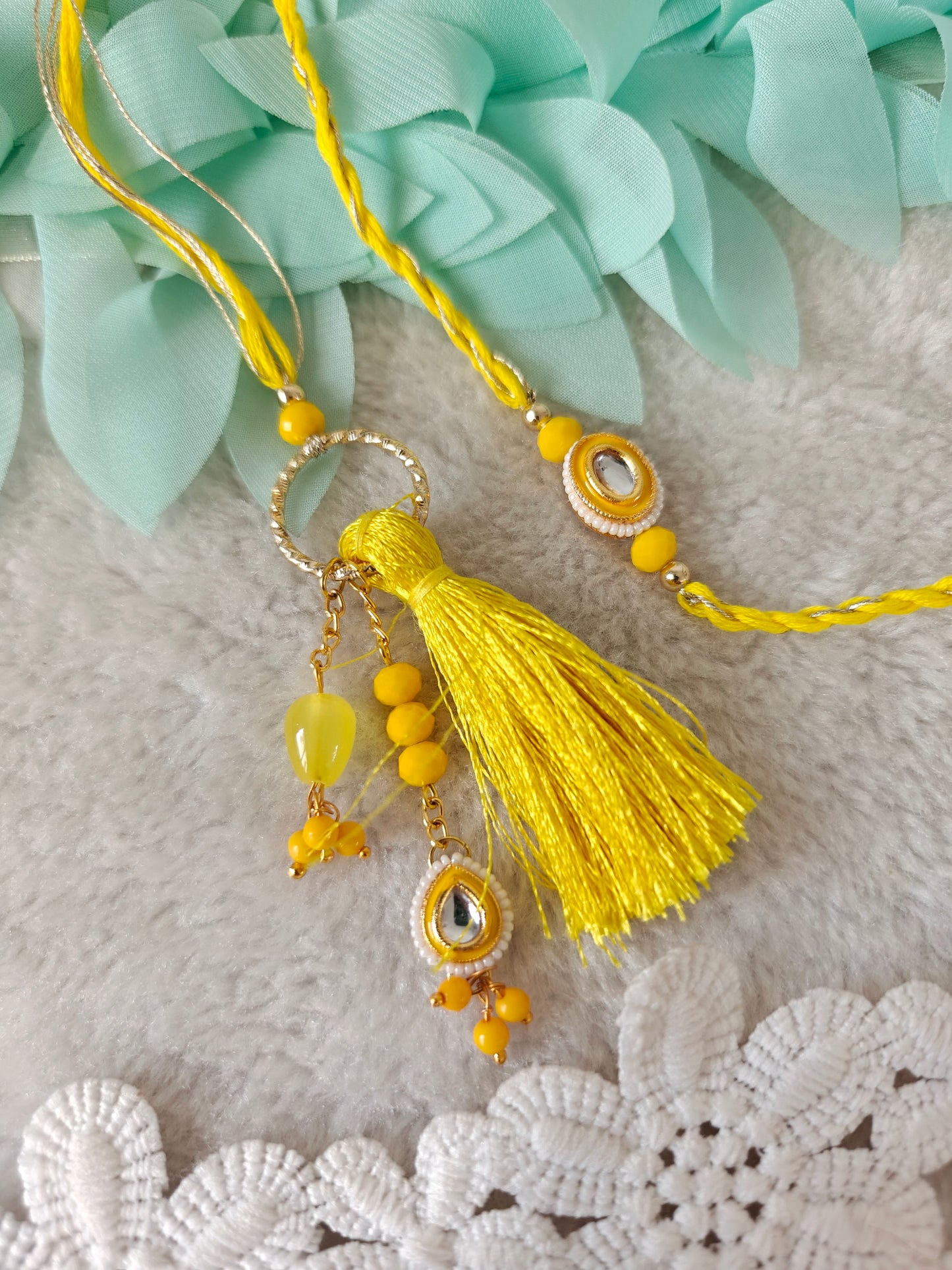 Pastel Tassel Halo Rakhi Lumba Set