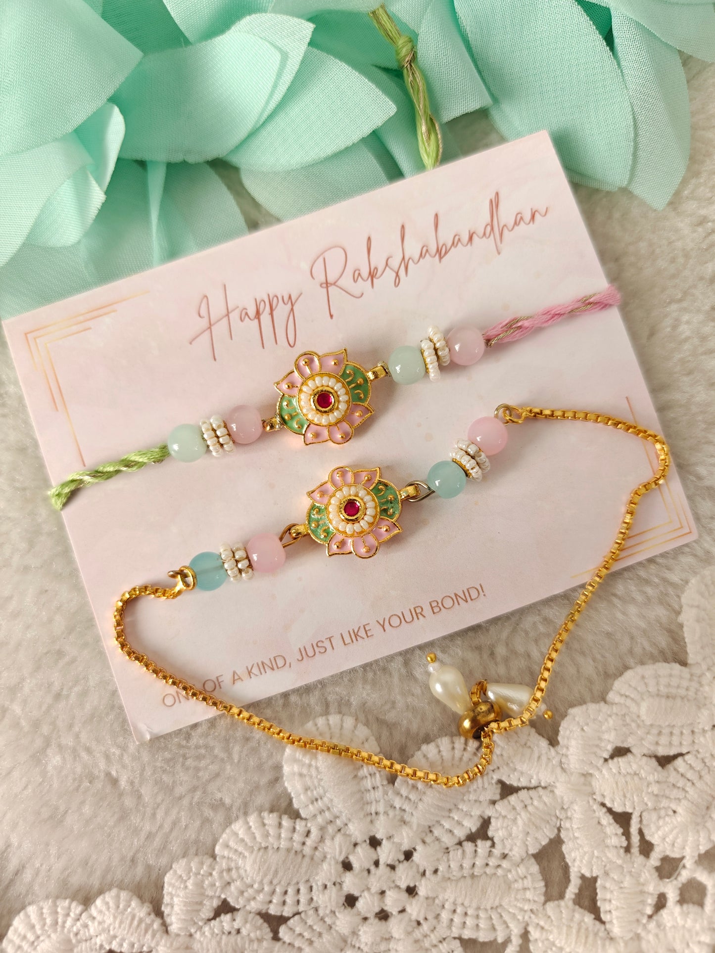 Pastel Bloom Rakhi Bracelet Set