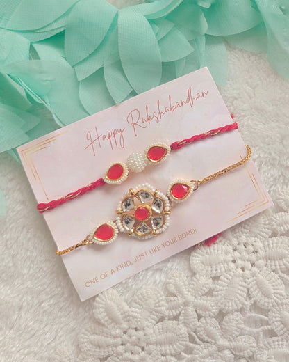 Floral Kundan Pearl Couple Rakhi & Bracelet Set