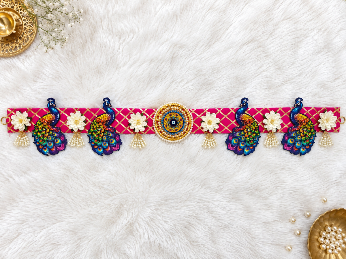 Handcrafted peacock theme festive toran for door décor with floral accents
