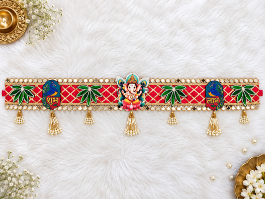 Handcrafted Ganesha Shubh Labh peacock toran with mirror and pearl detailing