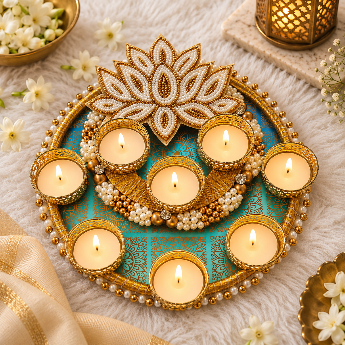 8" Ivory Lotus Tealight Rangoli