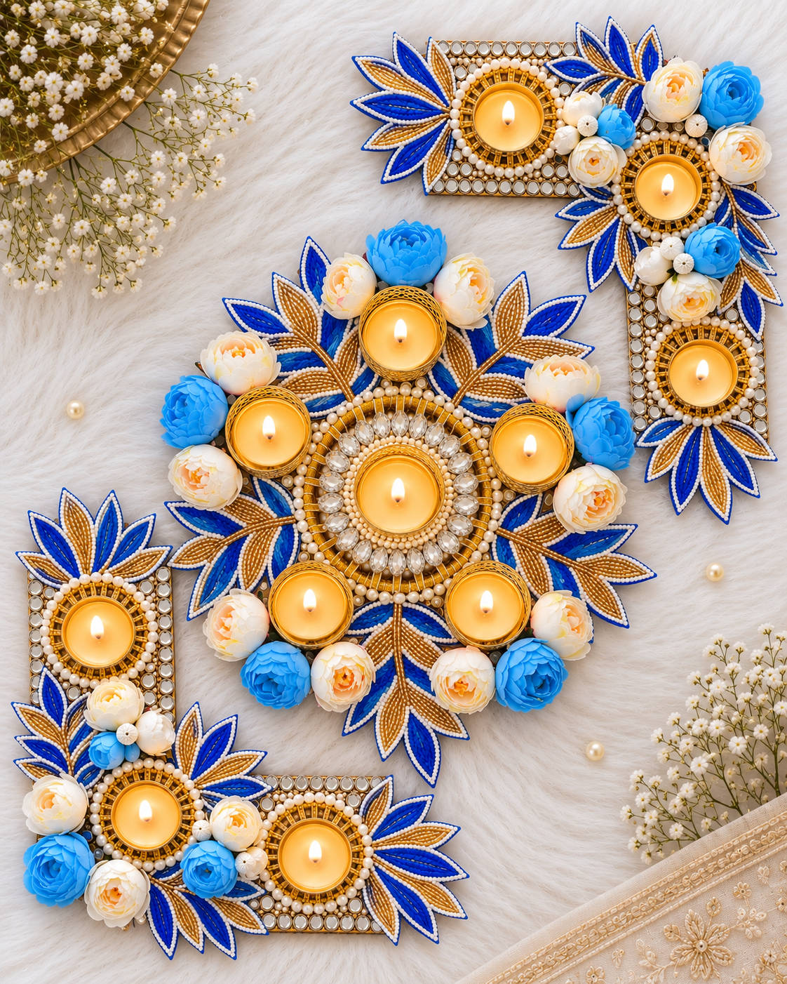 Azure Bloom Rangoli Set – Set of 3