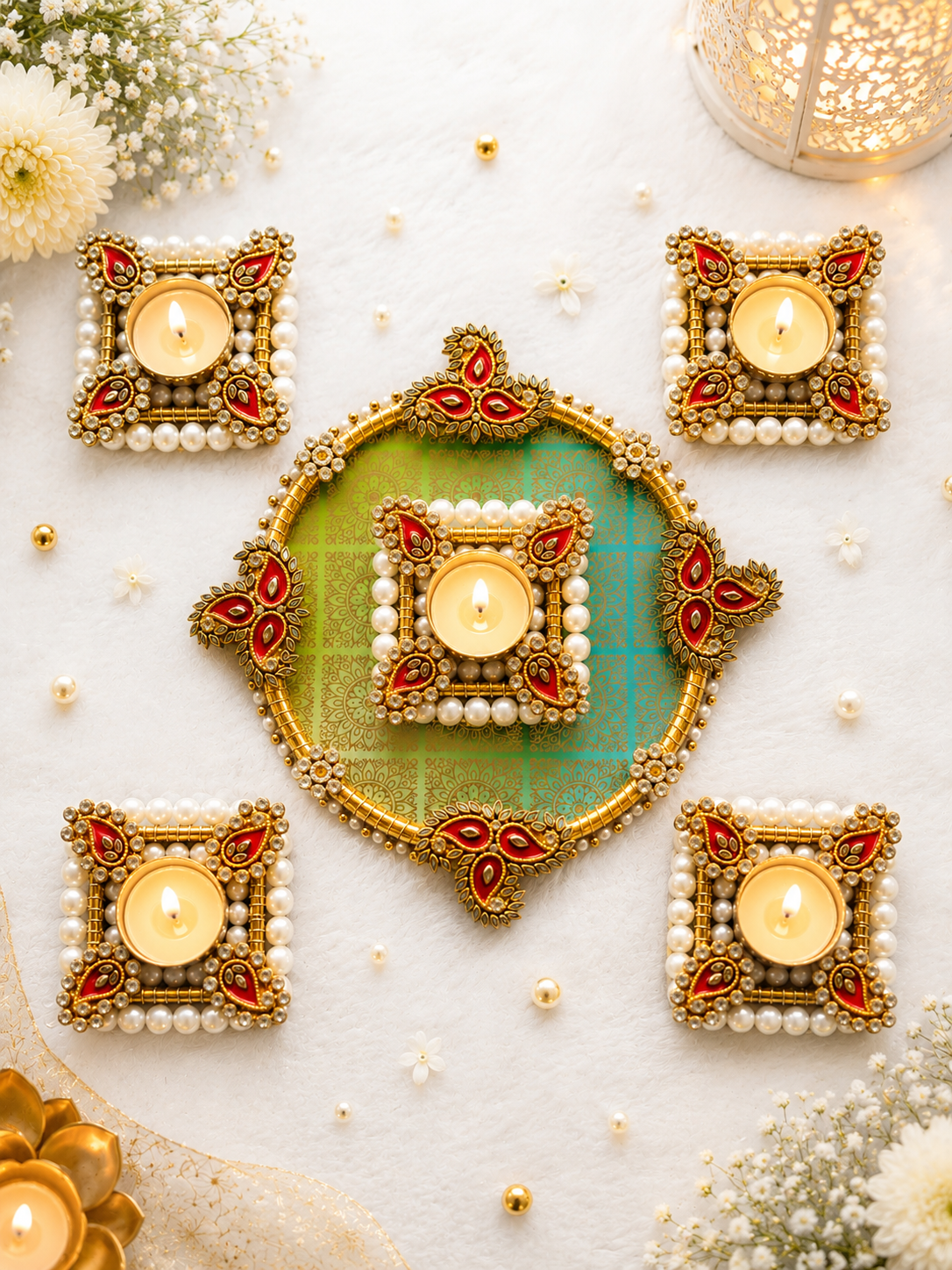 Royal Kundan Diya Rangoli Set – Set of 5