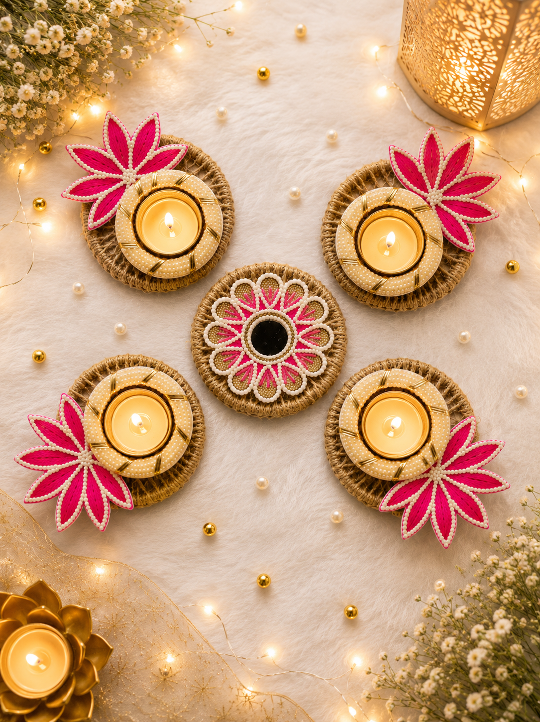 Gulabi Lotus Festive Diya Rangoli – Set of 5