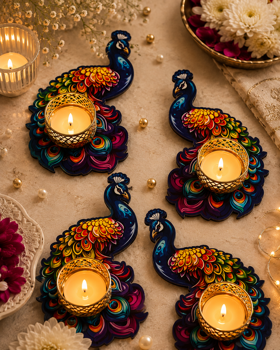 Peacock Aura Tealight Holders – Set of 2