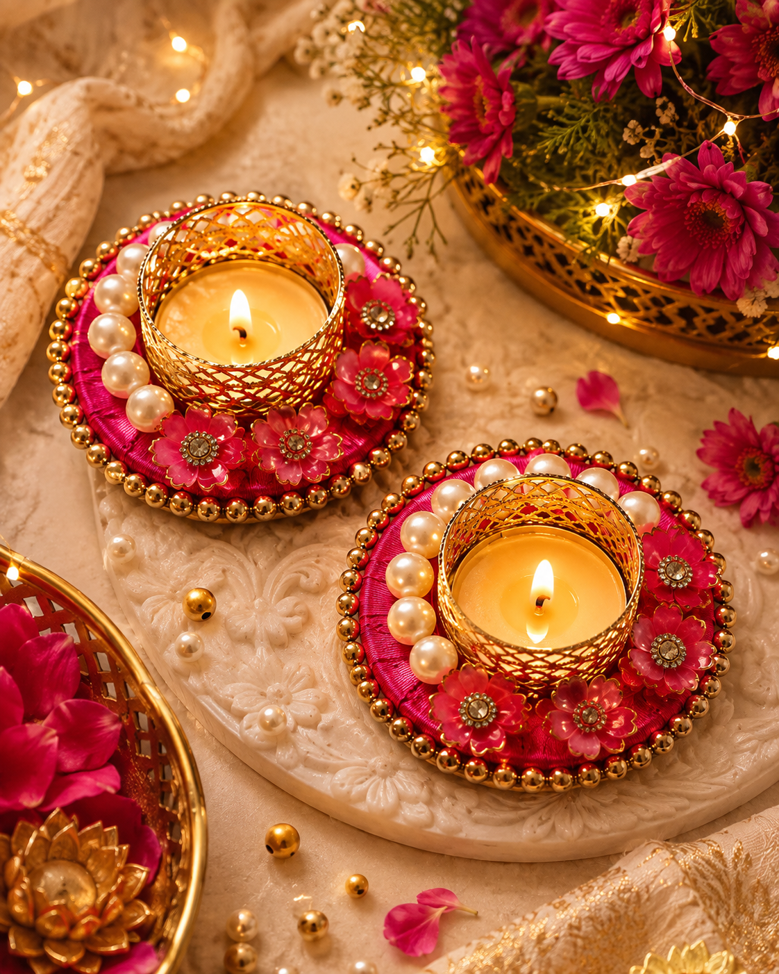 Floral Pearl Tealight Holders – Set of 2