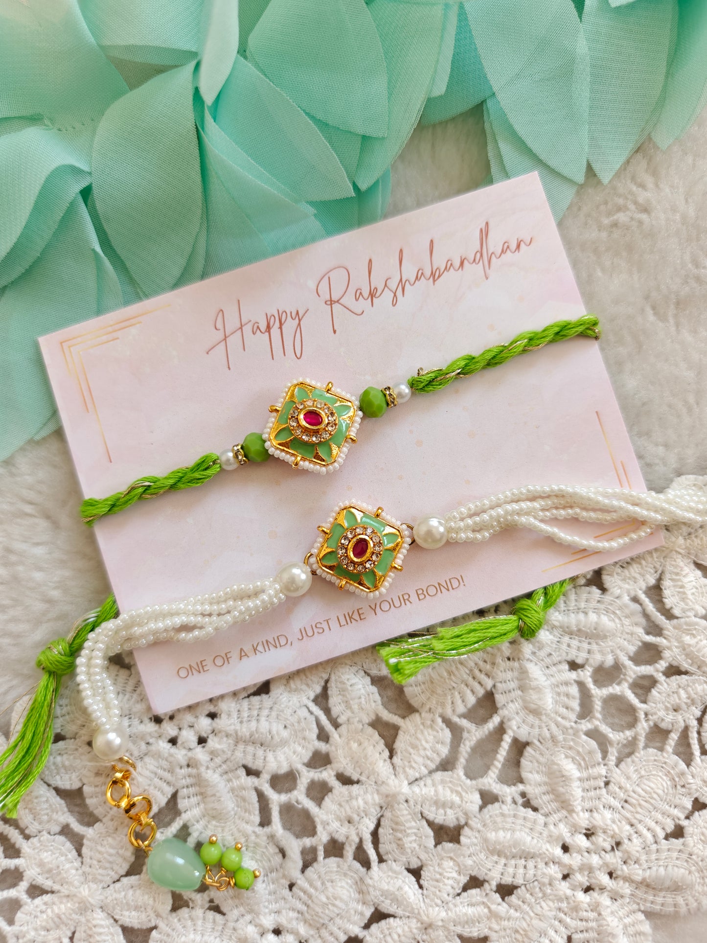 Floral Square Kundan Rakhi and Bracelet Set