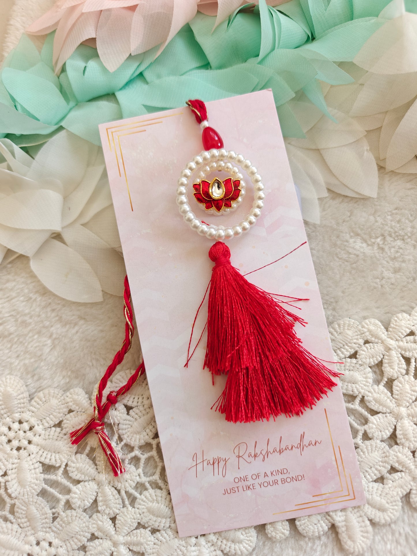 Pearl Halo Lotus Rakhi Lumba Set