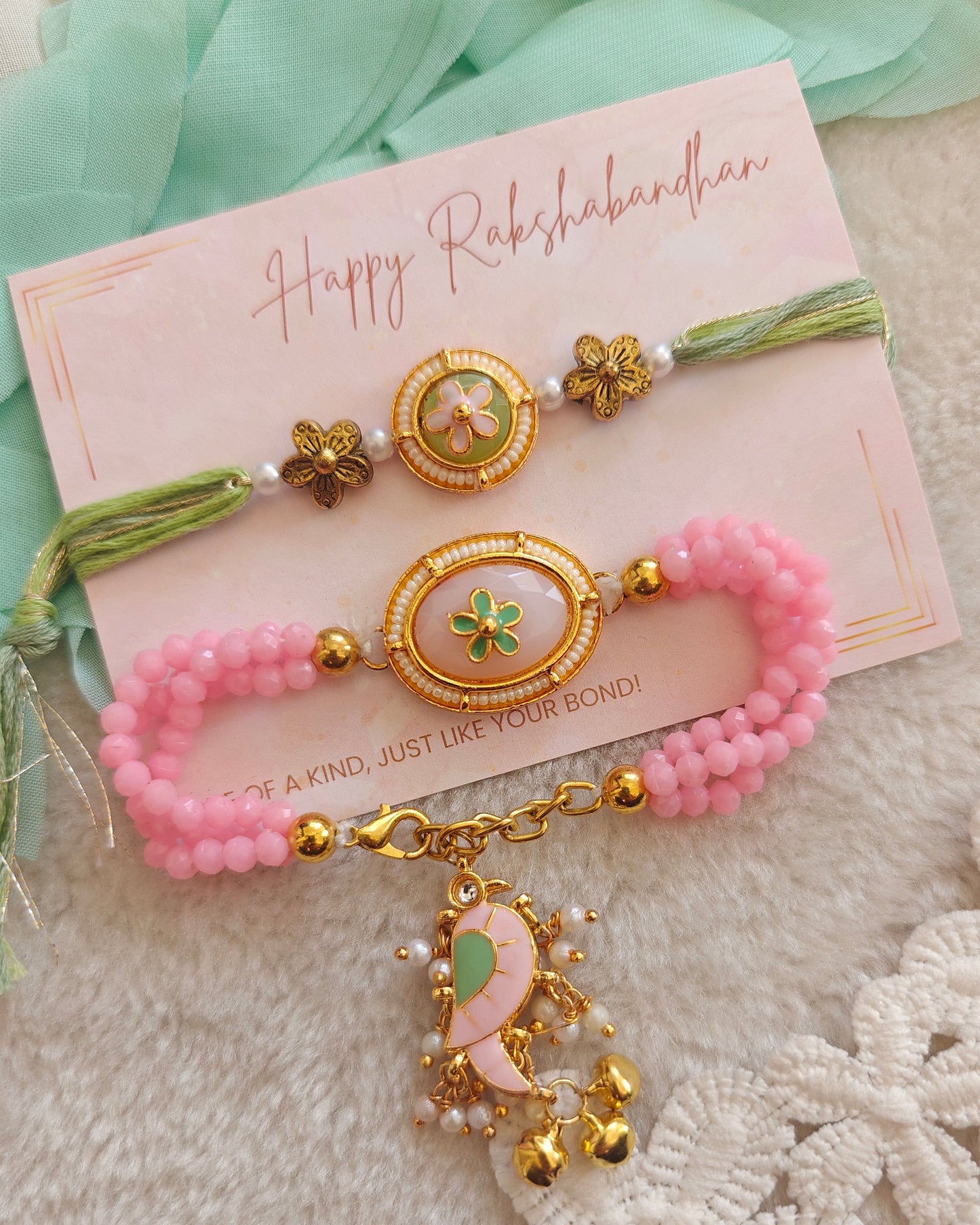 Royal Floral and Parrot Kundan Rakhi Bracelet Set