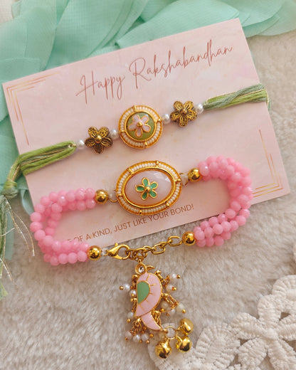 Royal Floral and Parrot Kundan Rakhi Bracelet Set