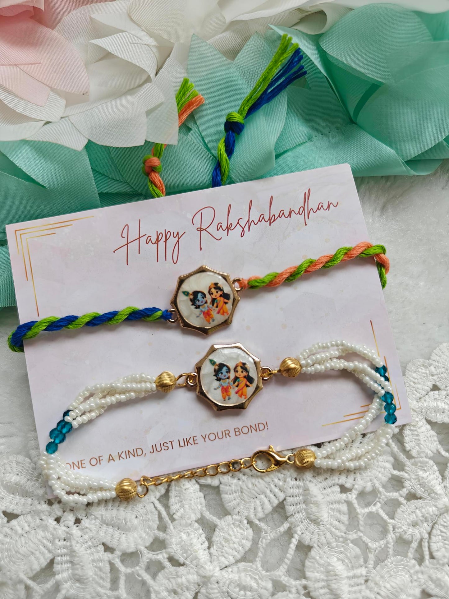 Divine Krishna Radha Rakhi Bracelet Set