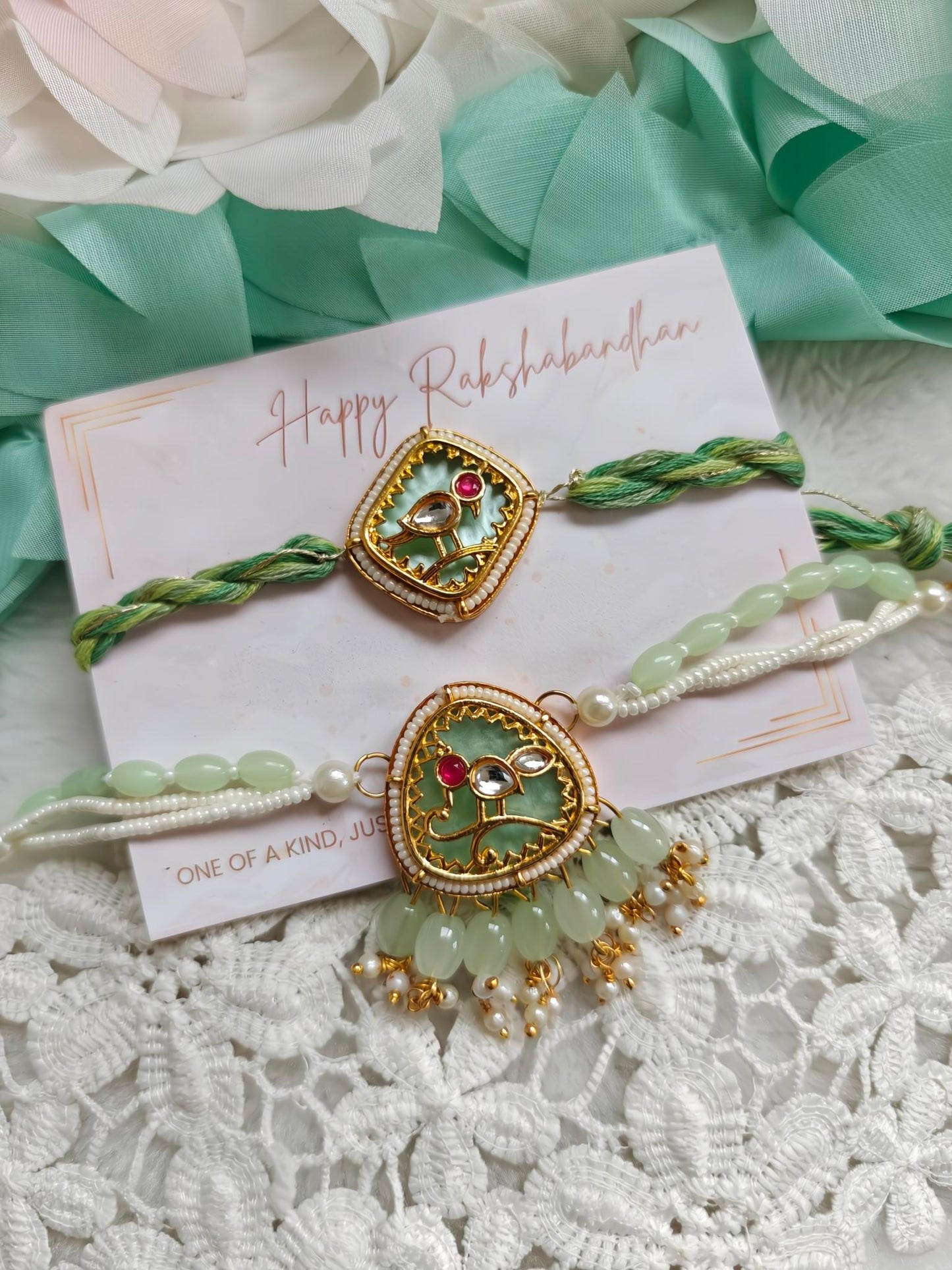 Parrot Kundan Jhumka Rakhi Bracelet Set