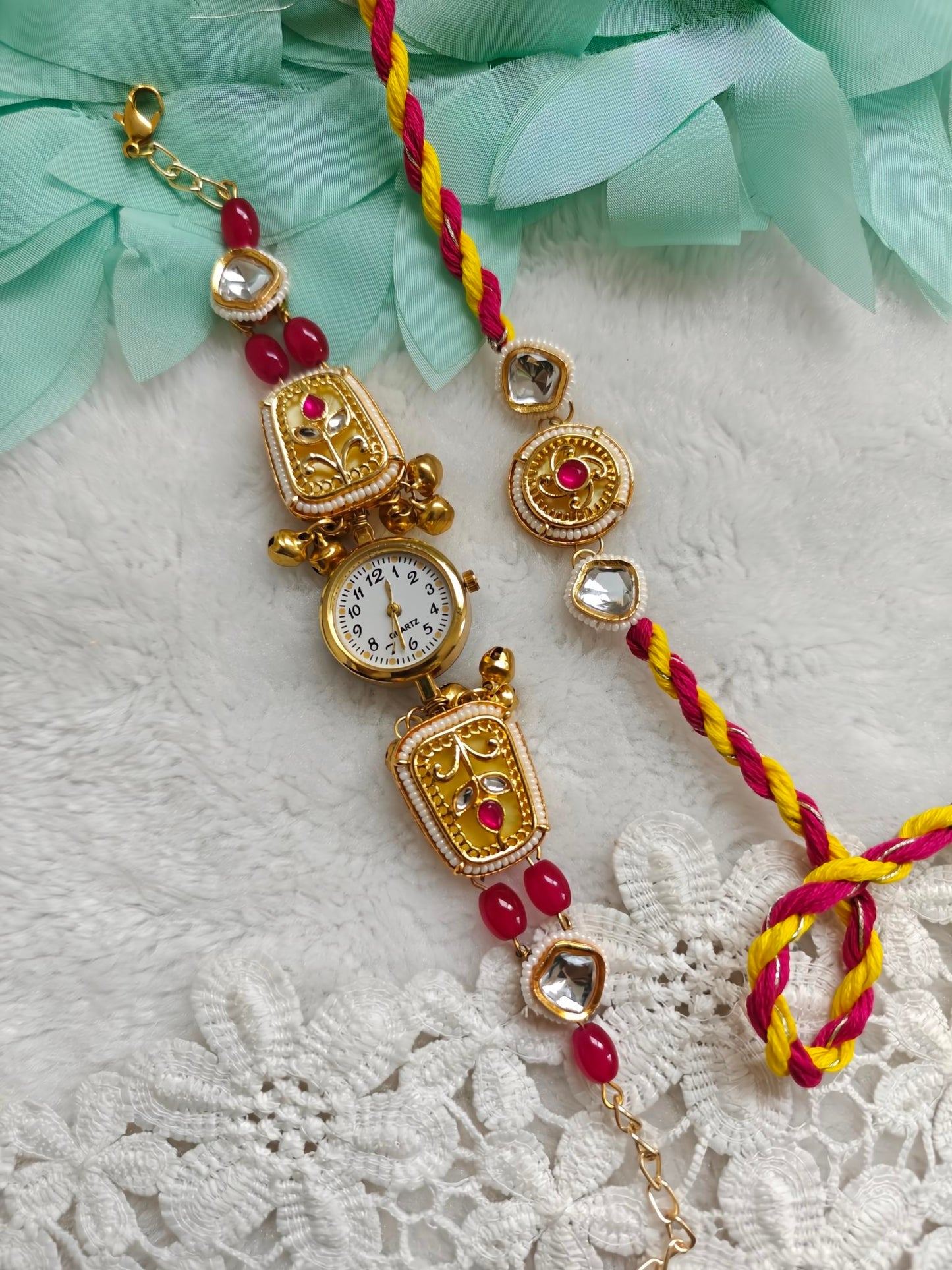 Radiant Gulnaar Kashmiri Watch Rakhi Bracelet Set