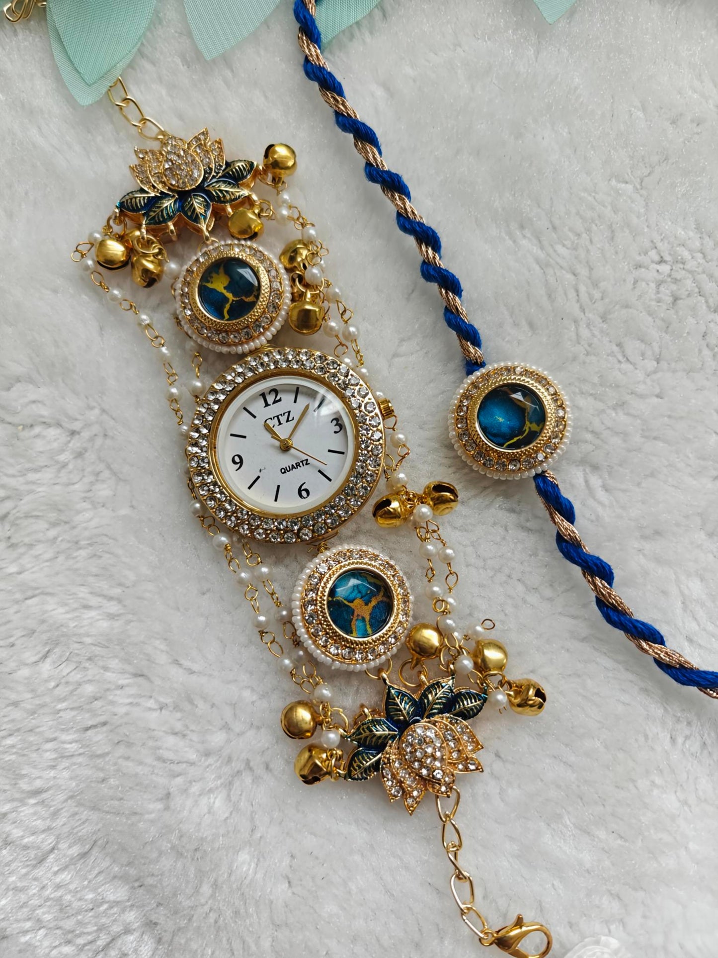 Royal Lotus Kashmiri Watch Rakhi Bracelet Set