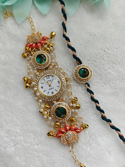 Royal Lotus Kashmiri Watch Rakhi Bracelet Set