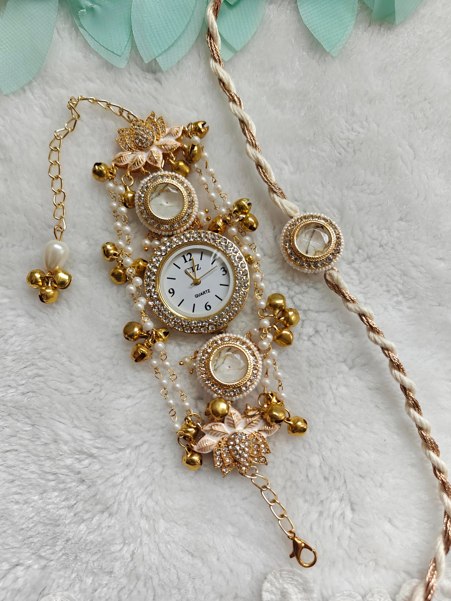 Royal Lotus Kashmiri Watch Rakhi Bracelet Set