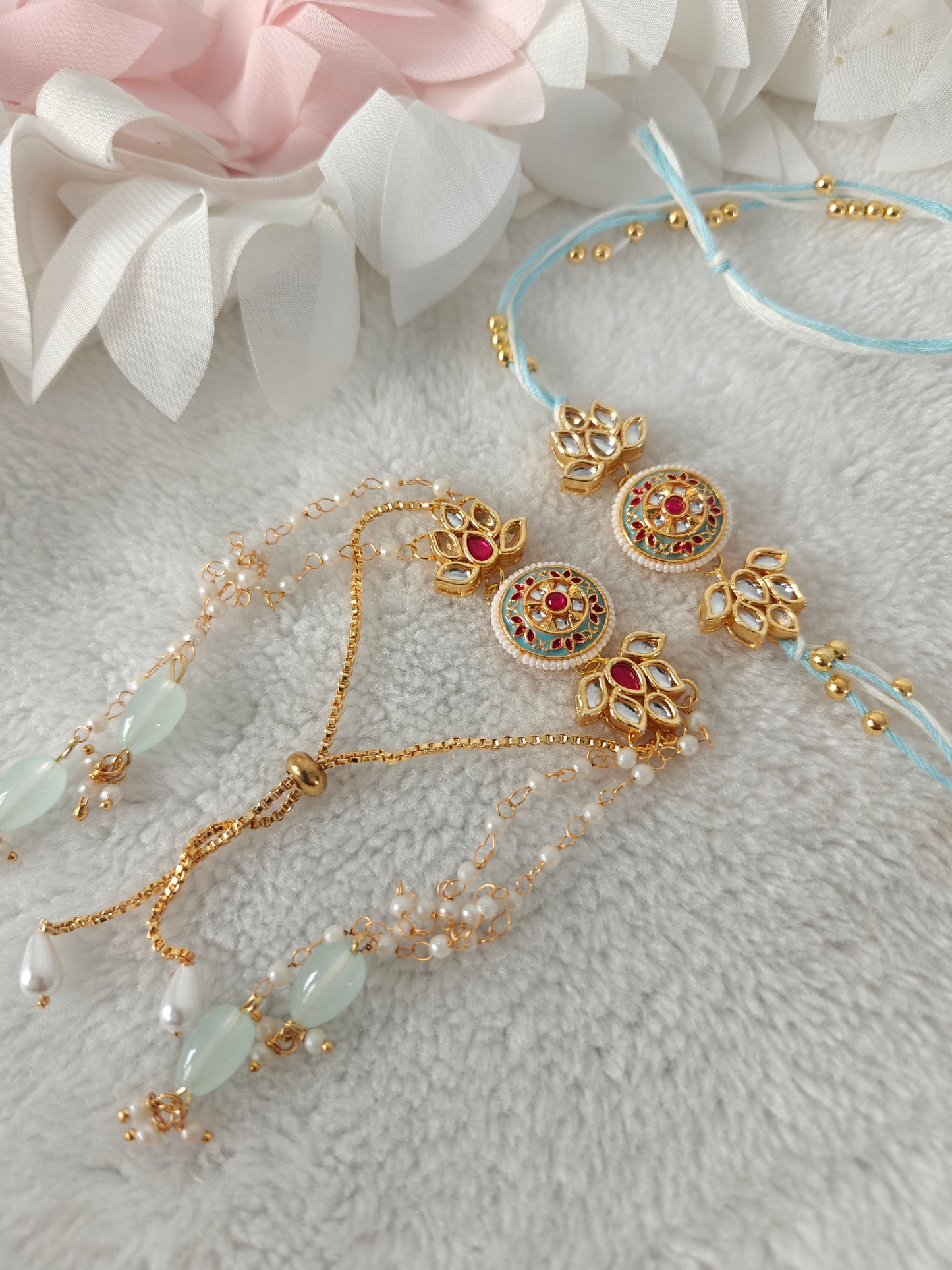 Kashmiri Kundan Couple Rakhi & Bracelet Set